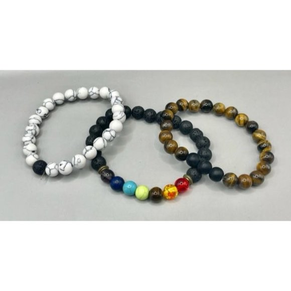 New 3 Pieces Black Lava Stone 7 Chakra Bracelets mix 8mm Rock Bead Elast… - Picture 2 of 2